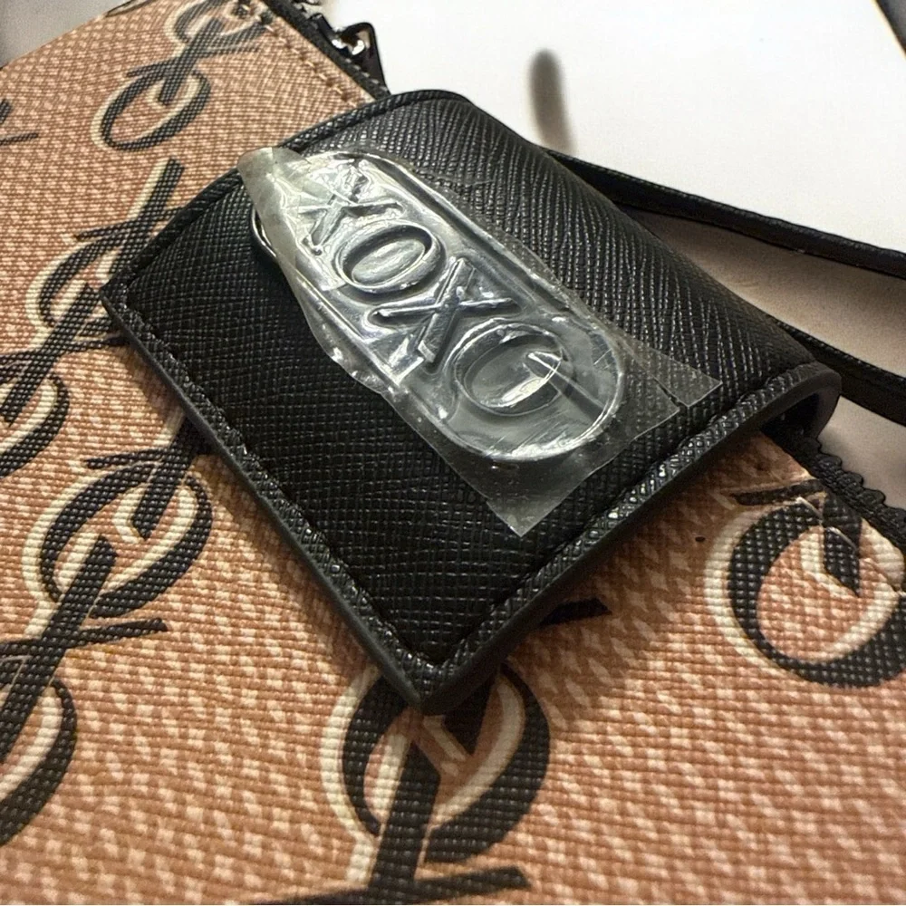 XOXO Tan Black Logo Print Wristlet Wallet Double Zipper Multi Slot New with Tags